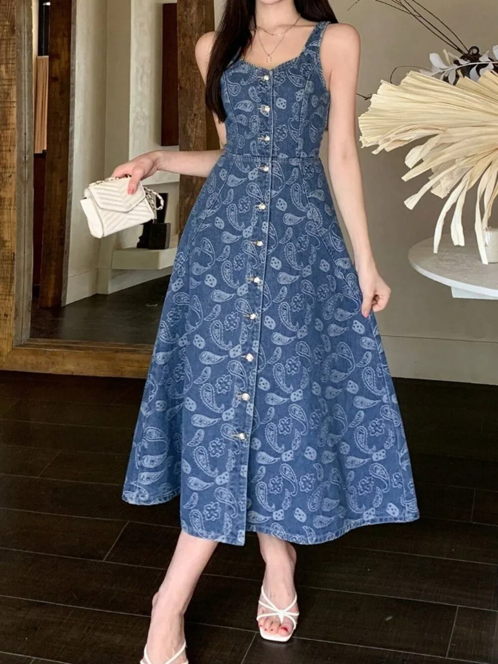 Medium Wash Boho Women's Denim Jacquard midi Dress - Picture 5 of 7